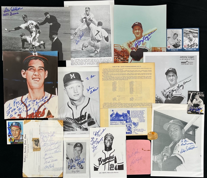 1950s-90s Milwaukee Braves Memorabilia Collection - Lot of 17 w/ 15 Signed Including Multi Signed Page with Hank Aaron, Del Crandall, Birdie Tebbetts & More