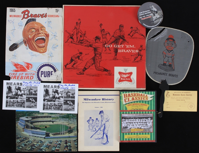 1950s-2000s Milwaukee Braves Memorabilia Collection - Lot of 10 w/ County Stadium Fan, Musical Postcard, Booster Application Card & More