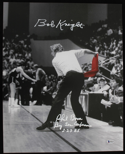 1985 Bob Knight Indiana Hoosiers & Referee Phil Bova Signed Infamous Chair Toss 16x20 Photo (Beckett)