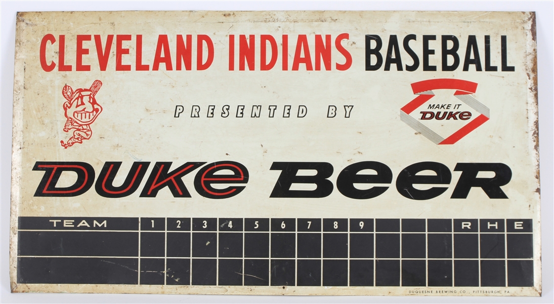 1950s Cleveland Indians Duke Beer 14" x 26" Scoreboard Display