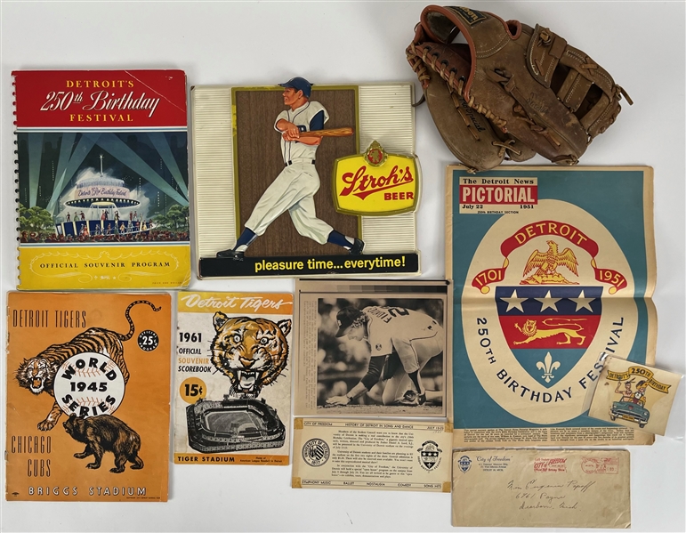 1940s-80s Detroit Tigers Memorabilia Collection - Lot of 10 w/ Mark Fidrych Store Model Glove, Strohs Beer Advertising Sign, Detroits 250th Birthday & More