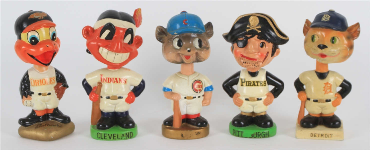1960s Vintage Baseball Nodder Collection - Lot of 5 w/ Orioles, Indians, Cubs, Pirates & Tigers
