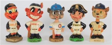 1960s Vintage Baseball Nodder Collection - Lot of 5 w/ Orioles, Indians, Cubs, Pirates & Tigers