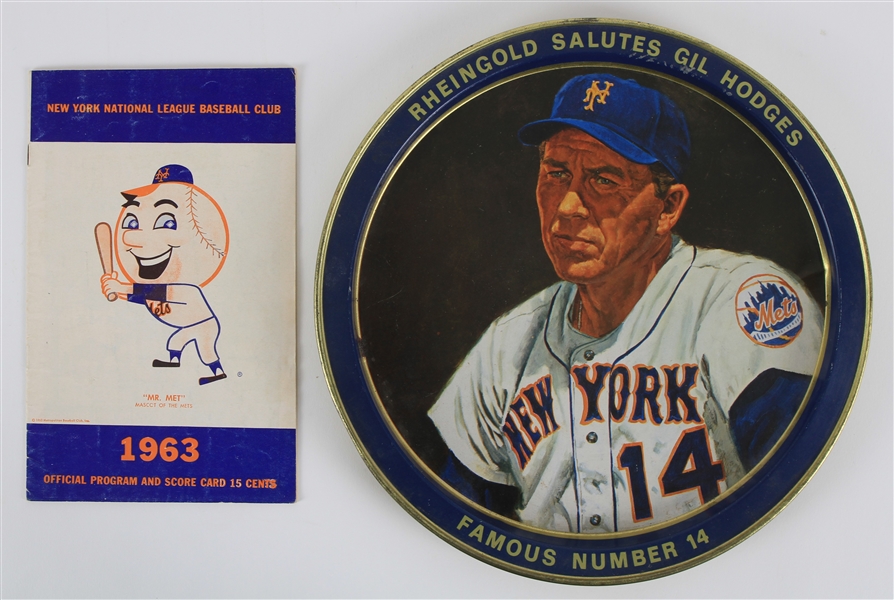 1963-71 New York Mets Memorabilia - Lot of 2 w/ 1963 Polo Grounds Final Season Scorecard and 11.5" Rheingold Salutes Gil Hodges Serving Tray