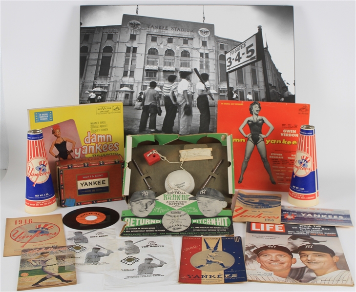 1920s--90s New York Yankees Memorabilia Collection - Lot of 16 w/ Roger Maris Mickey Mantle Items, Yankee Stadium Megaphones, Programs & More