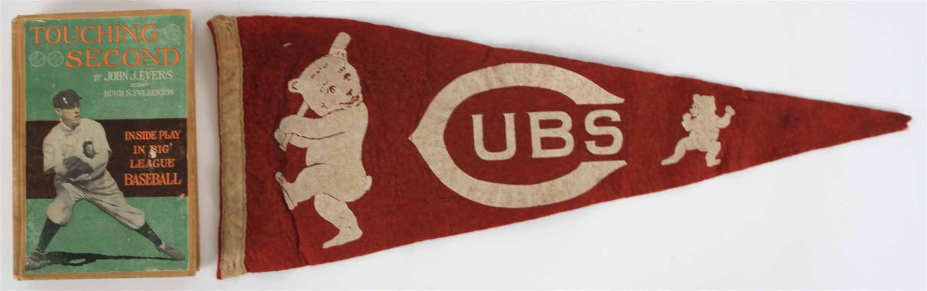 1910s Chicago Cubs 21" Felt Pennant & Touching Second Hardcover Book by Johnny Evers - Lot of 2