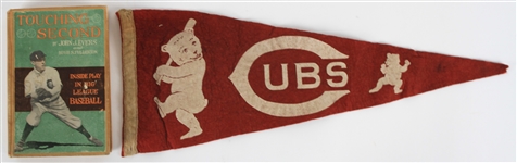 1910s Chicago Cubs 21" Felt Pennant & Touching Second Hardcover Book by Johnny Evers - Lot of 2
