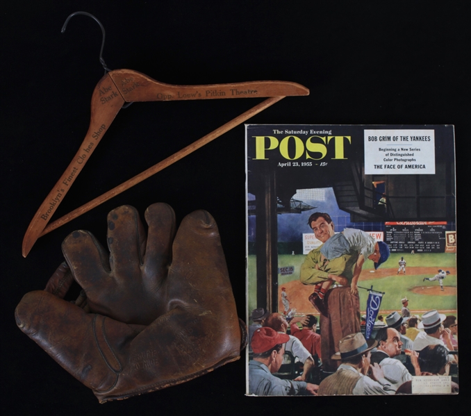 1940s-50s Baseball Memorabilia Collection - Lot of 3 w/ Ival Goodman Store Model Mitt, Abe Stark Clothes Hanger & Saturday Evening Post