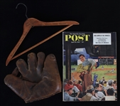 1940s-50s Baseball Memorabilia Collection - Lot of 3 w/ Ival Goodman Store Model Mitt, Abe Stark Clothes Hanger & Saturday Evening Post