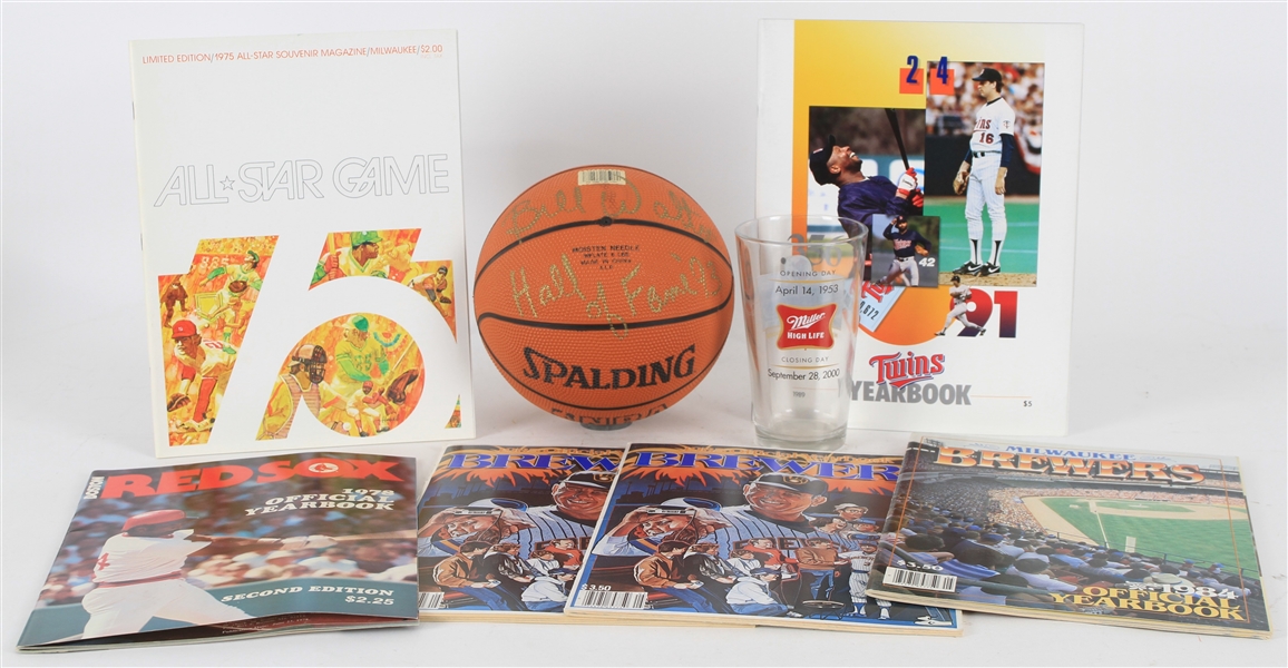 1975-2000 Sports Memorabilia Collection - Lot of 8 w/ Baseball Publications, Milwaukee County Stadium Pint Glass & Bill Walton Signed Mini Basketball (JSA)