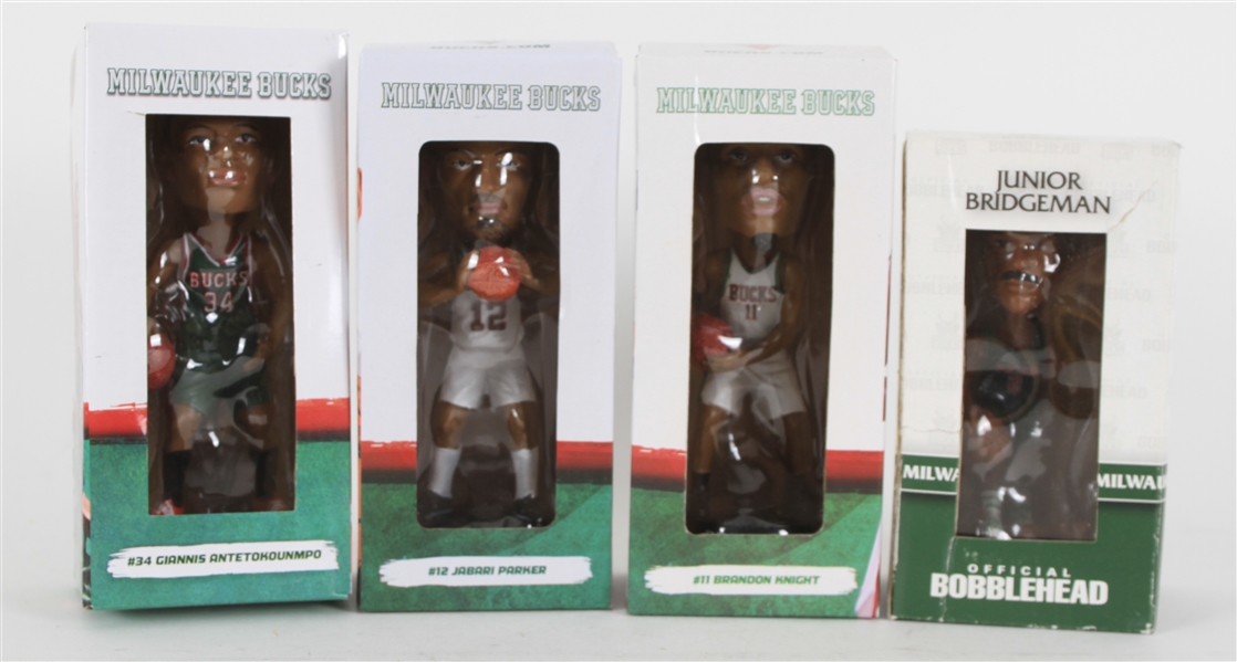 2010s Milwaukee Bucks MIB Bobblehead Collection - Lot of 4 w/ Giannis Antetokounmpo, Junior Bridgeman, Jabari Parker & Brandon Knight