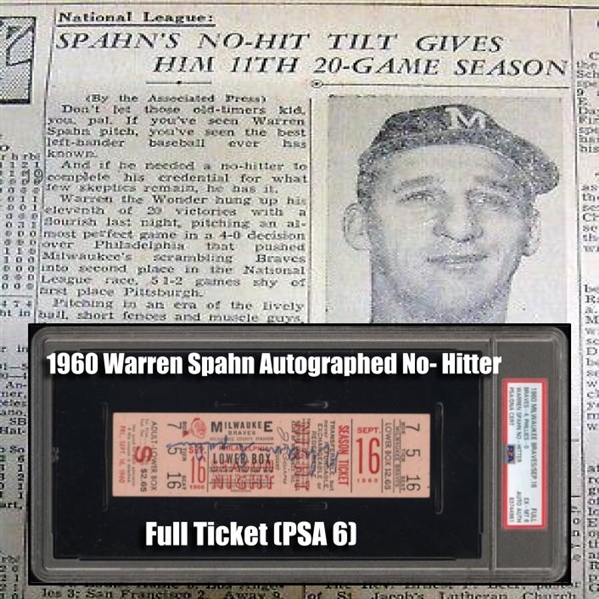 1960 Warren Spahn Milwaukee Braves Autographed No Hitter Full Ticket (PSA/DNA EX-MT 6)