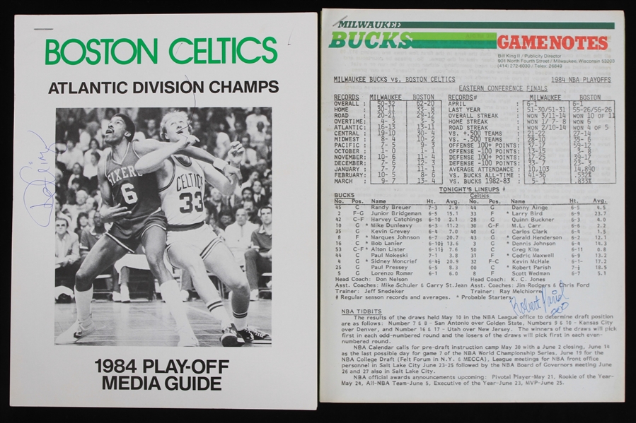 1984 Julius Erving Philadelphia 76ers Autographed Boston Celtics Playoff Media Guide (Lot of 2) (JSA)