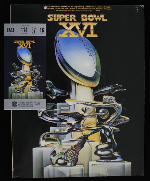 1982 Super Bowl XVI San Francisco 49ers vs Cincinnati Bengals Ticket Stub and Gameday Program (Lot of 2)