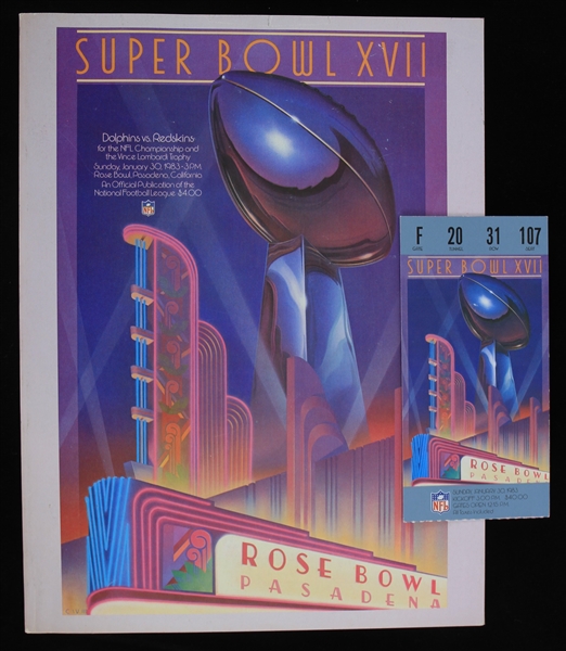 1983 Super Bowl XVII Washington Redskins vs Miami Dolphins Ticket Stub and Gameday Program (Lot of 2)