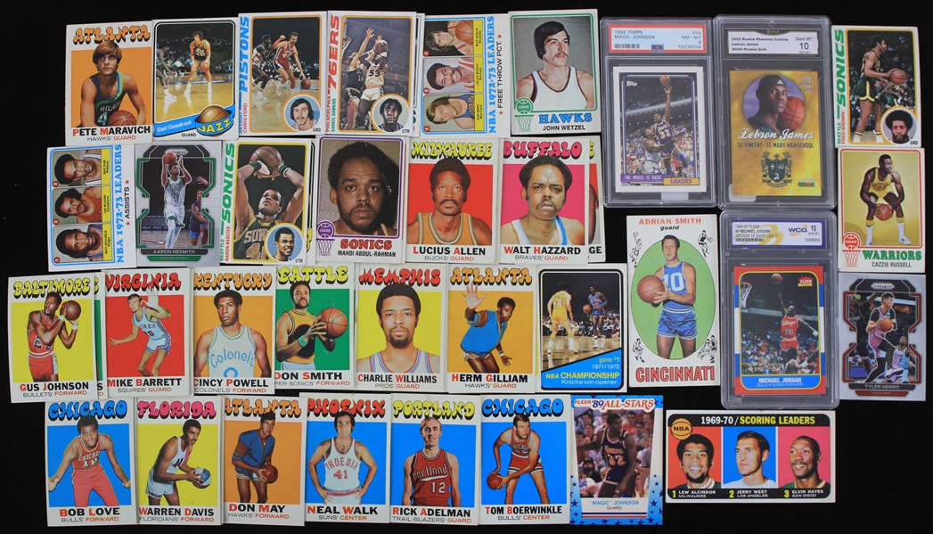 1969-2022 LeBron James and Magic Johnson Los Angeles Lakers Michael Jordan Chicago Bulls and More Basketball Trading Cards (Lot of 48)