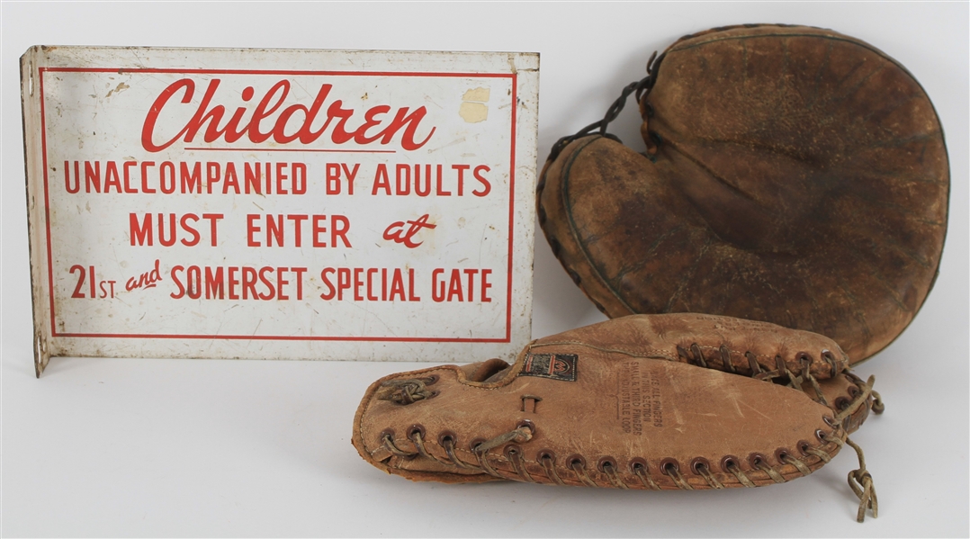 1920s-40s Baseball Memorabilia Collection - Lot of 3 w/ Shibe Park Stadium Signed & Two Store Model Mitts 