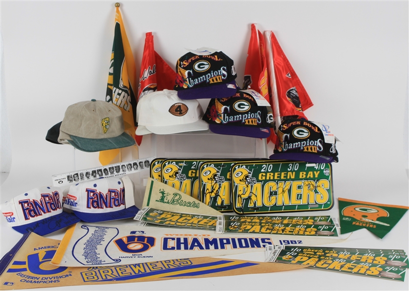 1960s-1990s Green Bay Packers, Milwaukee Brewers Pennants, Caps, Bumper Stickers & more (Lot of 70+)