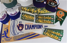 1960s-1990s Green Bay Packers, Milwaukee Brewers Pennants, Caps, Bumper Stickers & more (Lot of 70+)