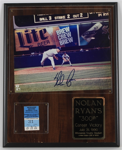 1990 Nolan Ryan Texas Rangers 300th Career Win 12" x 15" Display w/ Ticket Stub & Signed Photo (JSA)