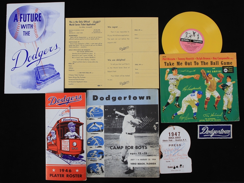 1946-54 Brooklyn Dodgers Memorabilia Collection - Lot of 7 w/ 1947 World Series Ebbets Field Press Pass & More