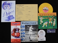 1946-54 Brooklyn Dodgers Memorabilia Collection - Lot of 7 w/ 1947 World Series Ebbets Field Press Pass & More