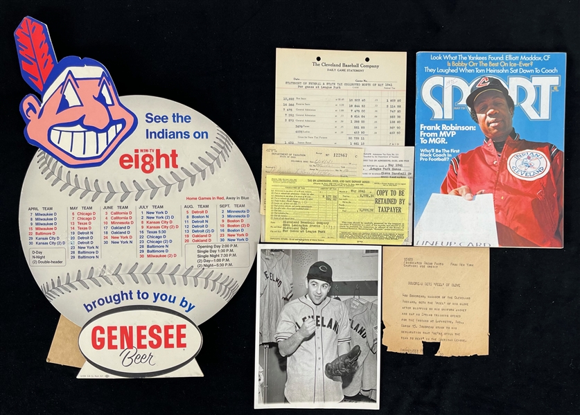 1940s-70s Cleveland Indians Memorabilia Collection - Lot of 4 w/ Genesee Beer Schedule Broadside, Lou Boudreau 7" x 9" Photo, League Park Financial/Tax Documents & More
