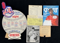 1940s-70s Cleveland Indians Memorabilia Collection - Lot of 4 w/ Genesee Beer Schedule Broadside, Lou Boudreau 7" x 9" Photo, League Park Financial/Tax Documents & More