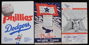 1944-77 Philadelphia Phillies Scorecard & Program Collection - Lot of 5 w/ Shibe Park and 1977 NLCS