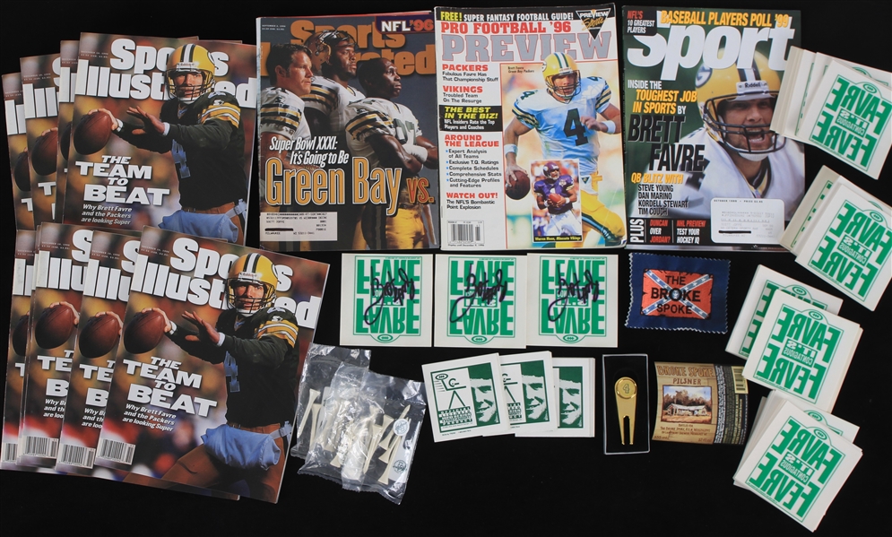 1990s Brett Favre Green Bay Packers Memorabilia Collection - Lot of 200+ w/ Magazines, Decals, Golf Items & Signed Decals
