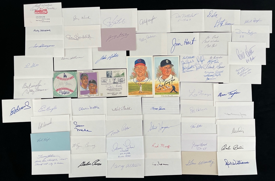 1940s-1980s George Kell Detroit Tigers Bob Lemon Cleveland Indians Jim Perry Minnesota Twins and More Autographed Index Cards Envelopes and Postcards (Lot of 50+)