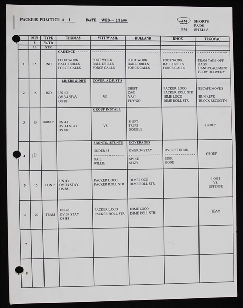 1999 Green Bay Packers Practice Schedule