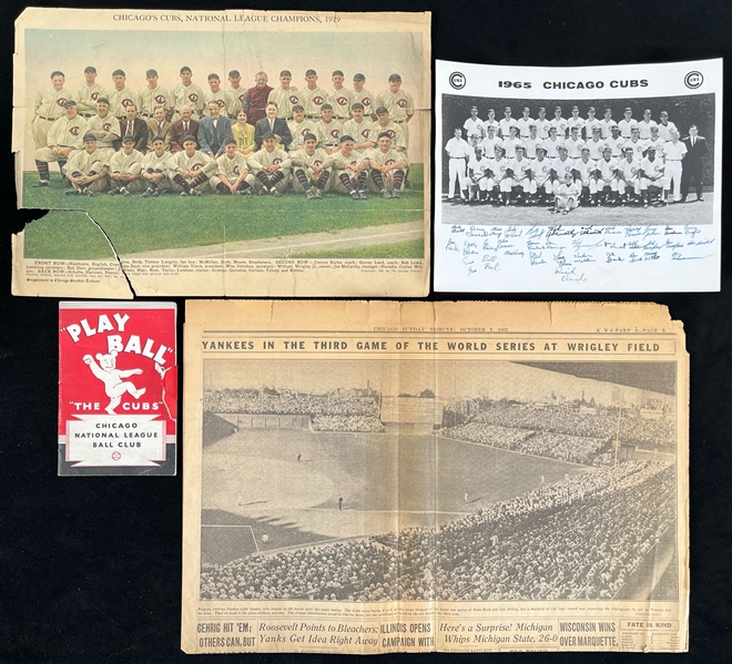 1929-65 Chicago Cubs Memorabilia Collection - Lot of 4 w/ Play Ball Booklet, Newspaper Photo, Newspaper Page & Signed Team Photo