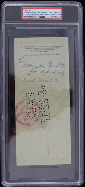 1917 Fred Merkle Chicago Cubs Signed Team Check (PSA Slabbed)