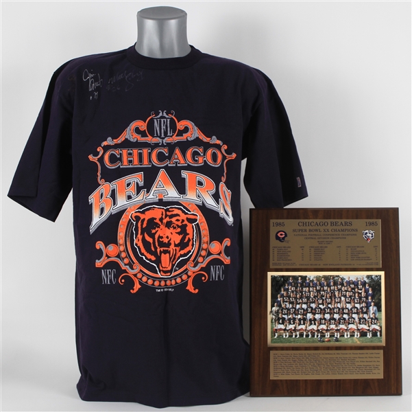 1985 Chicago Bears Matt Suhey & Jim Covert Signed Plaque w/ Signed T-Shirt 
