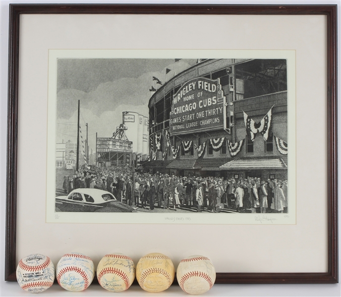 1970s-90s Wrigley Field 1945 21x25 Framed Print w/ Signed Chicago Cubs Baseballs with Curt Flood (Lot of 6)