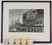 1970s-90s Wrigley Field 1945 21x25 Framed Print w/ Signed Chicago Cubs Baseballs with Curt Flood (Lot of 6)