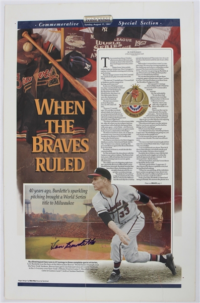 1997 Lew Burdette Milwaukee Braves Signed 15"x23.5" Laminated Milwaukee Journal Sentinel Commemorative Page