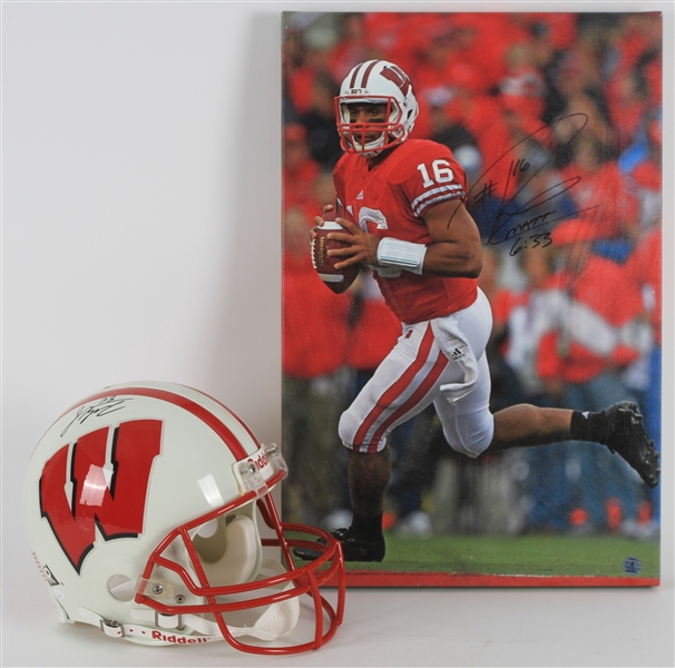 2020s Wisconsin Badgers Signed Items - Lot of 2 w/ Russell Wilson 16" x 24" Canvas Print & Jonathan Taylor Full Size Helmet (JSA)