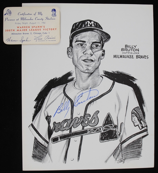 1953-63 Billy Burton Milwaukee Braves Autographed 8"x10" B&W Print and Warren Spahn 300th Win Certificate of Presence (Lot of 2)