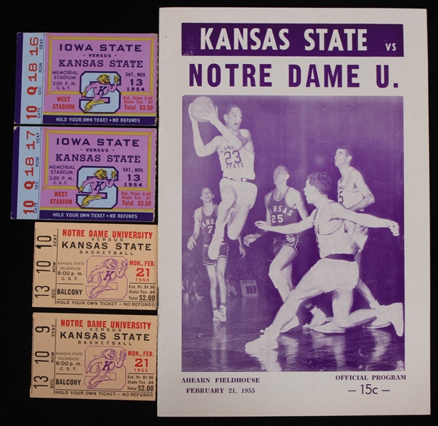 1954-55 Kansas State Wildcats Basketball Ticket Stubs & Game Program - Lot of 5