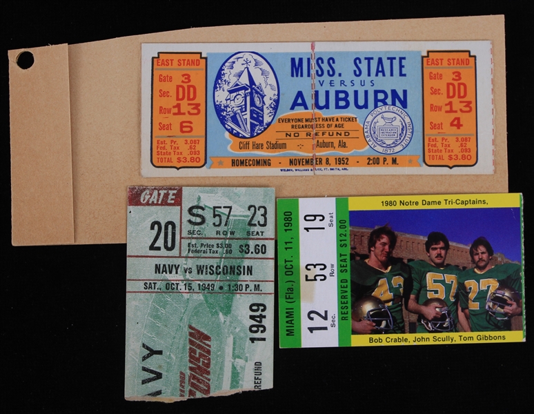 1949-80 College Football Ticket & Stub Collection - Lot of 3