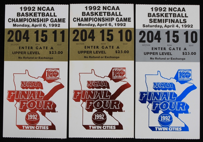 1992 Final Four & NCAA Championship Game Tickets Stubs - Lot of 3
