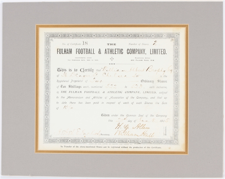 1905 Fulham Football & Athletic Company Limited 11" x 14" Matted Stock Certificate