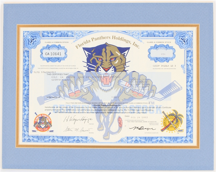 1997 Florida Panthers 11" x 14" Matted Stock Certificate