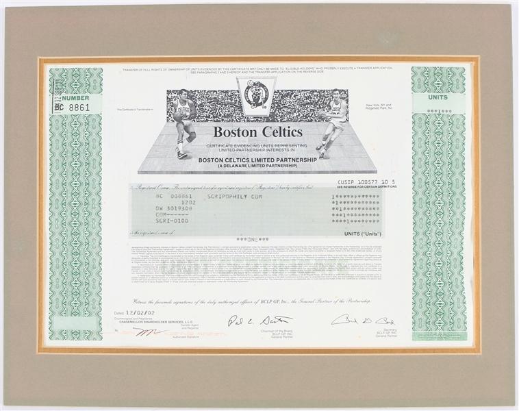 2002 Boston Celtics 11" x 14" Matted Stock Certificate