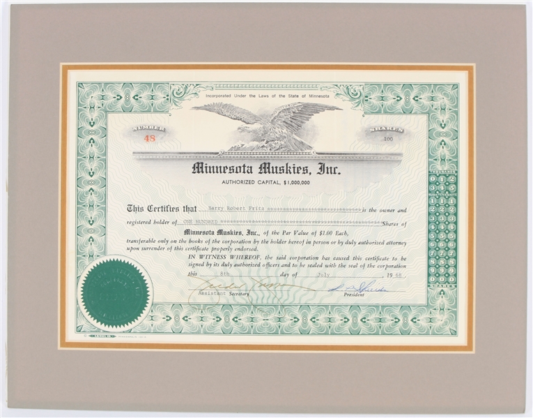 1968 Minnesota Muskies ABA 11" x 14" Matted Stock Certificate