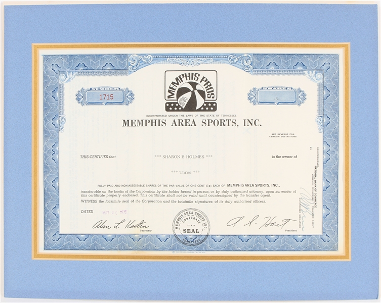 1972 Memphis Pros ABA 11" x 14" Matted Stock Certificate