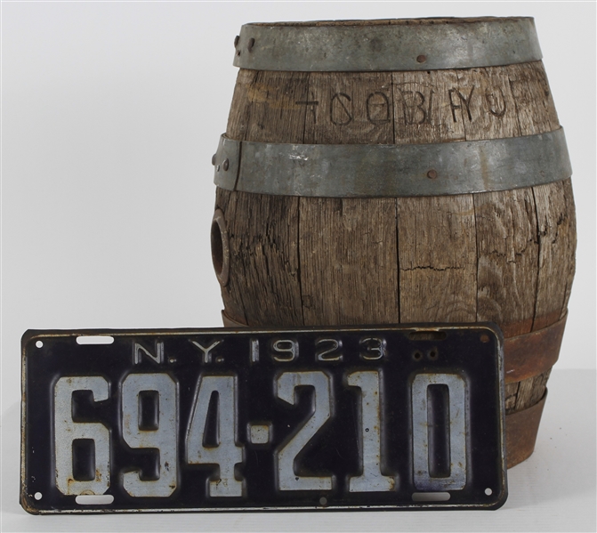 1915-30s Jacob Ruppert New York Yankees Owner Ruppert Brewing Company Wooden Beer Keg + 1923 NY License Plate (MEARS LOA)