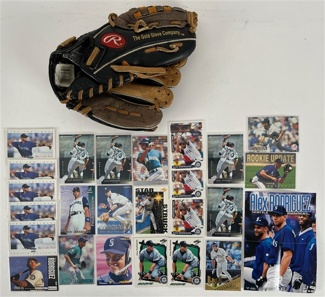1990s Alex Rodriguez Seattle Mariners Memorabilia Collection - Lot of 25 w/ Trading Cards & Player Endorsed Store Model Baseball Mitt